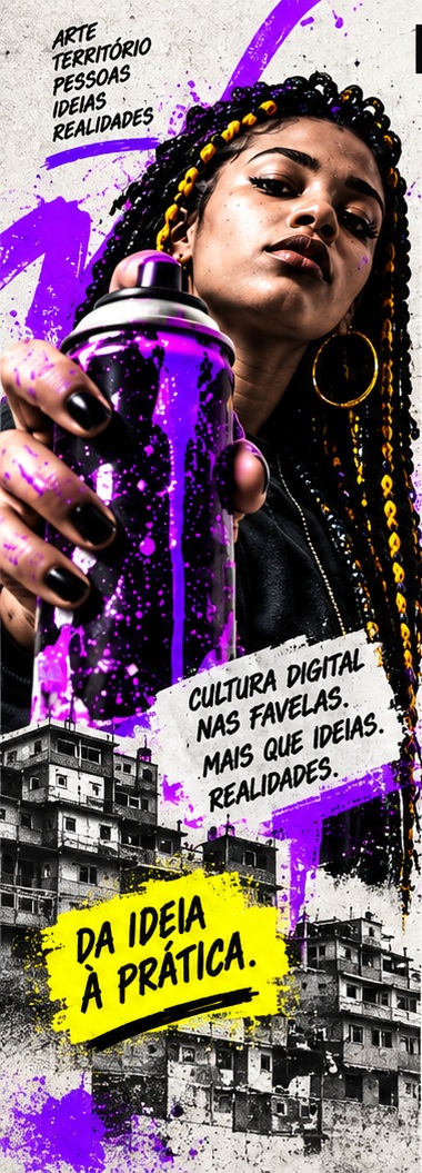Arte urbana LAB POP com mulher, grafite roxo e paisagem da favela